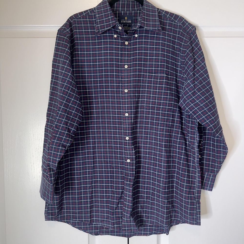 Stafford‎ Shirt Mens 17 Blue Plaid Regular Fit Wrinkle Free Oxford Long Sleeve